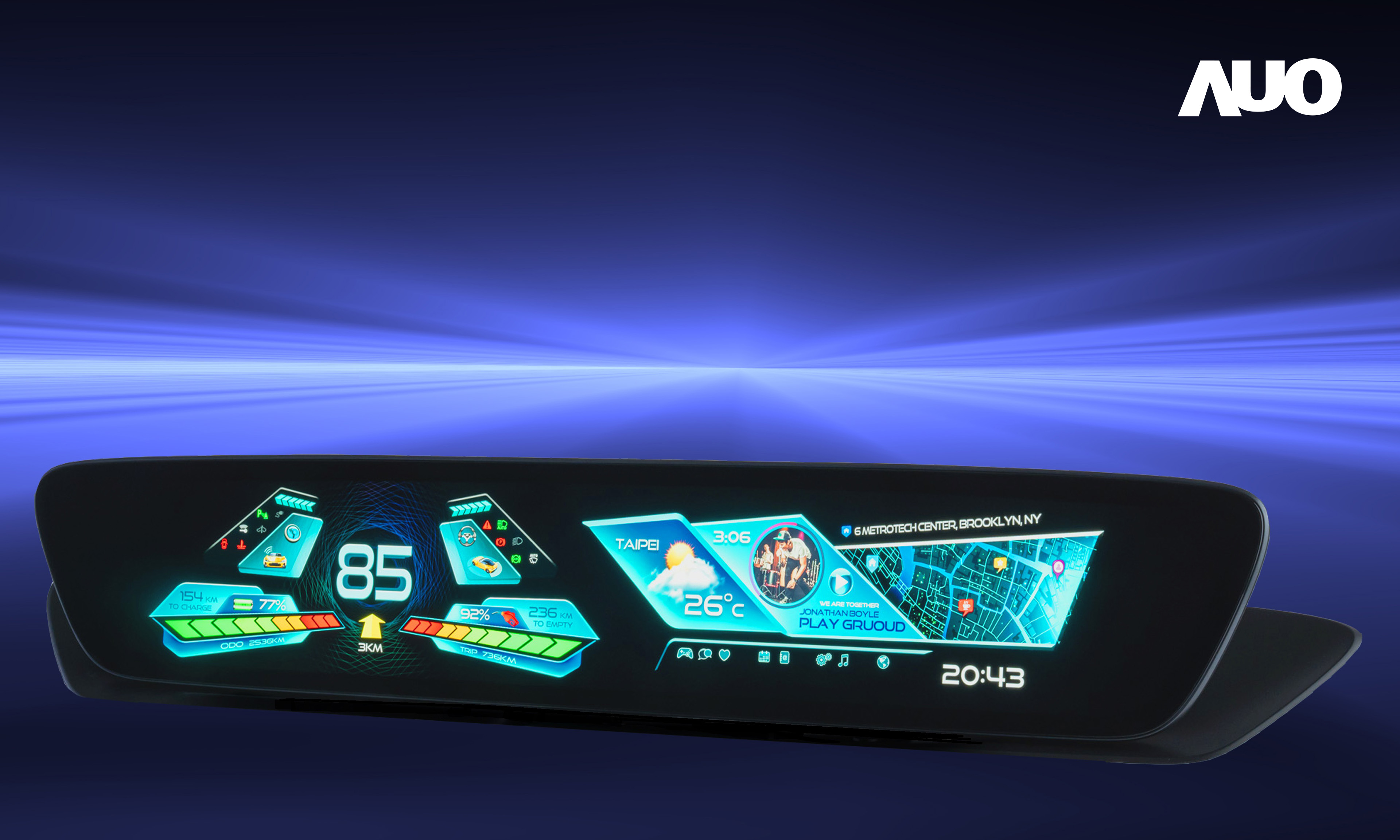 友達30.4吋異形曲面AmLED車載顯示系統，為一兼具儀表板及中控台人機介面的創新車載顯示系統，結合美學設計，提升車內科技沉浸感及使用體驗，讓車載顯示的未來應用更加多元化