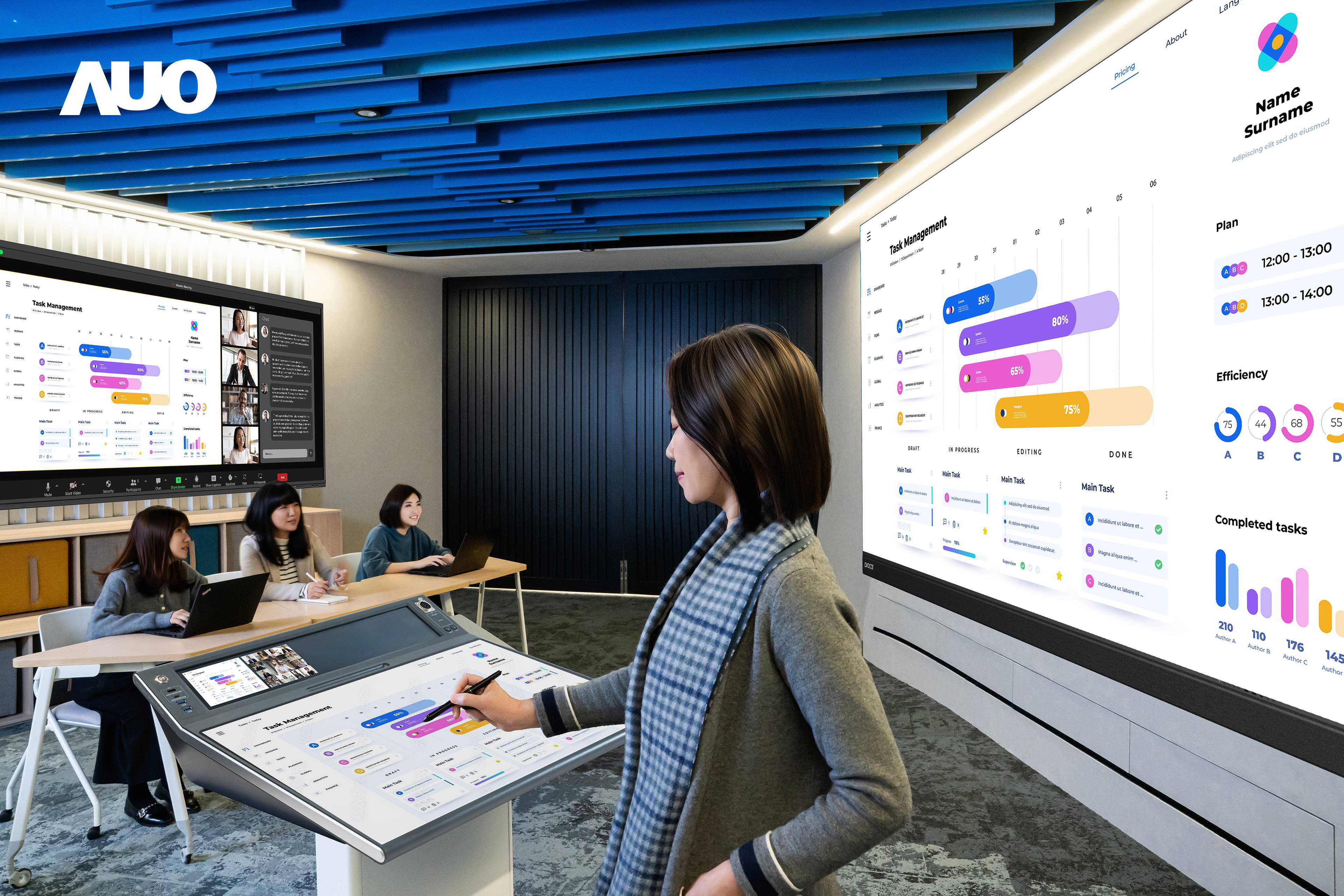 达擎携手Avocor与Rise Vision展示全方位商务领域应用，包含采用模块化设计的138吋一体式All-in-One LED显示器及具21:9超宽比例的92吋交互式电子白板（IFPD），讲者可轻松分享内容，有效提升会议协作效率。